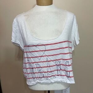 American Eagle Vintage T Shirt I Heart France Striped Crop Top White Red XL